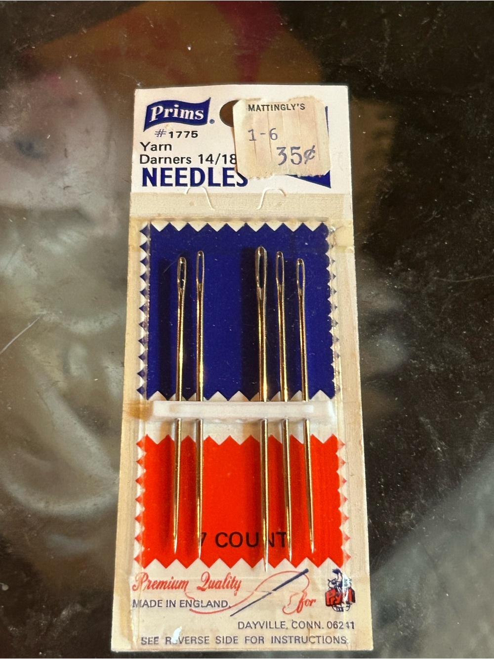 vintage pack of Prims Yarn Darners (#1775) needles in sizes 14 through 18.